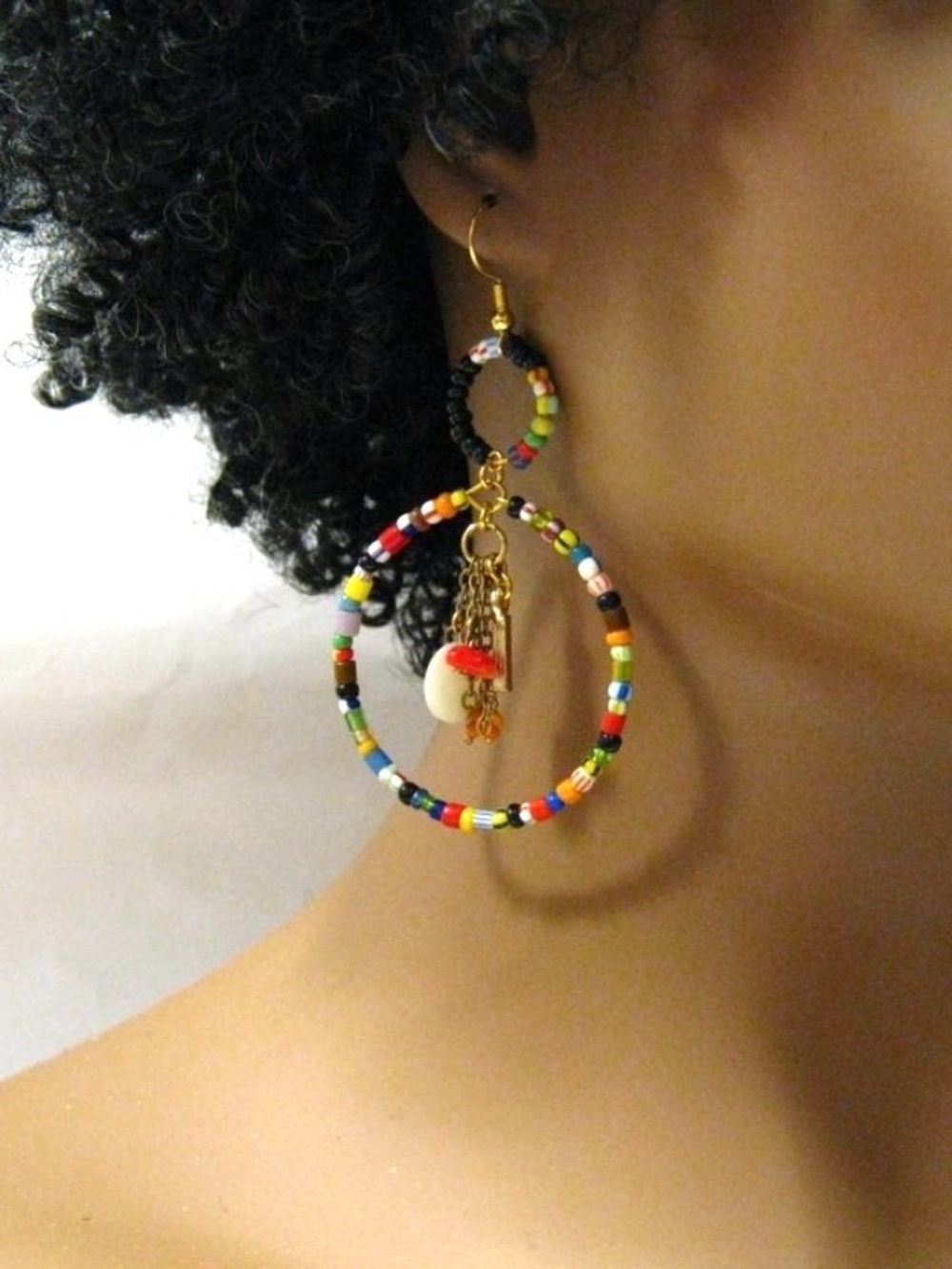 Handmade Colorful Glass Beaded Hoop Earrings One-of-a-Kind, Boho Style
